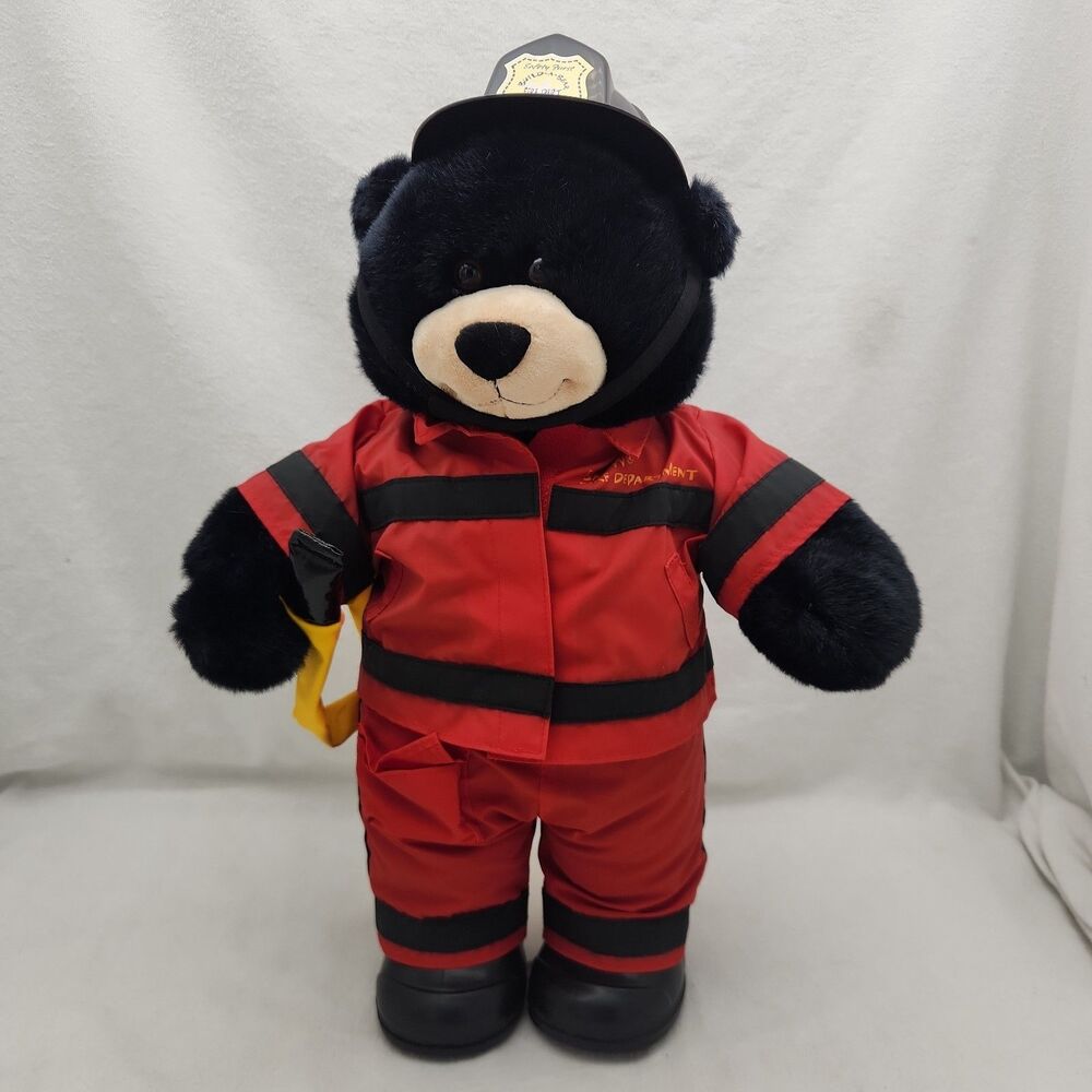 Stuffed Animal Build a Bear Black 17" Fireman Helmet Hose Boots I Love You Box